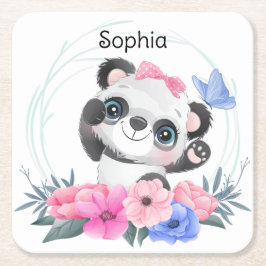 Cute Baby Panda Flower WreatCustom Name Kartonnen Onderzetters