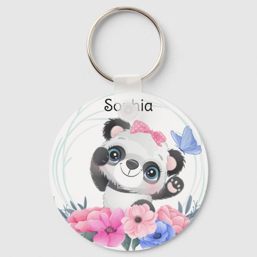 Cute Baby Panda Flower WreatCustom Name Keyc Sleutelhanger (Voorkant)