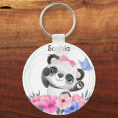 Cute Baby Panda Flower WreatCustom Name Keyc Sleutelhanger (Voorkant)