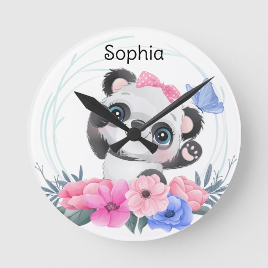 Cute Baby Panda Flower WreatCustom Name Ronde Klok (Voorkant)