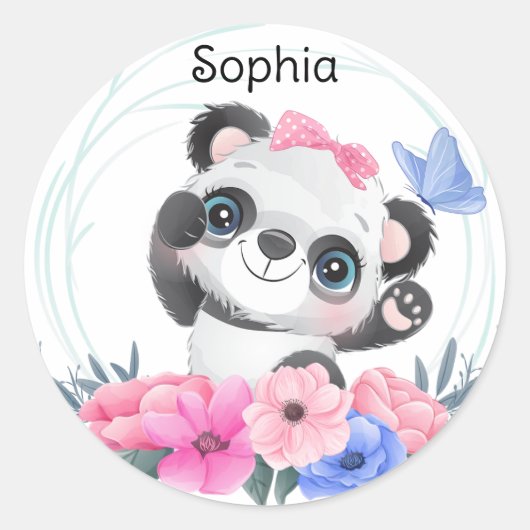 Cute Baby Panda Flower WreatCustom Name Ronde Sticker (Voorkant)