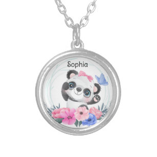 Cute Baby Panda Flower WreatCustom Name Zilver Vergulden Ketting