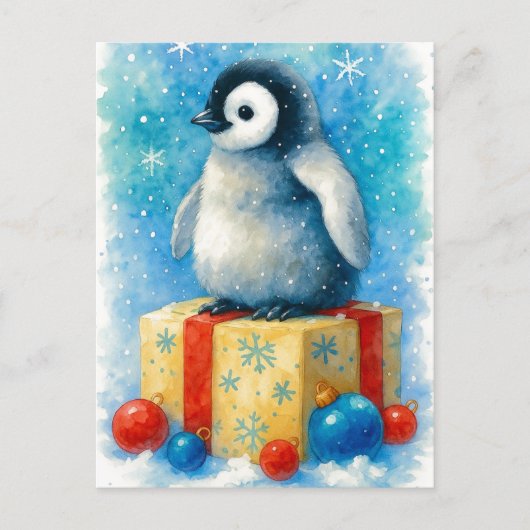 Cute Baby Penguin Christmas Watercolor Postcard Feestdagenkaart (Voorkant)