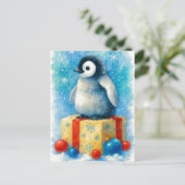 Cute Baby Penguin Christmas Watercolor Postcard Feestdagenkaart (Staand voorkant)