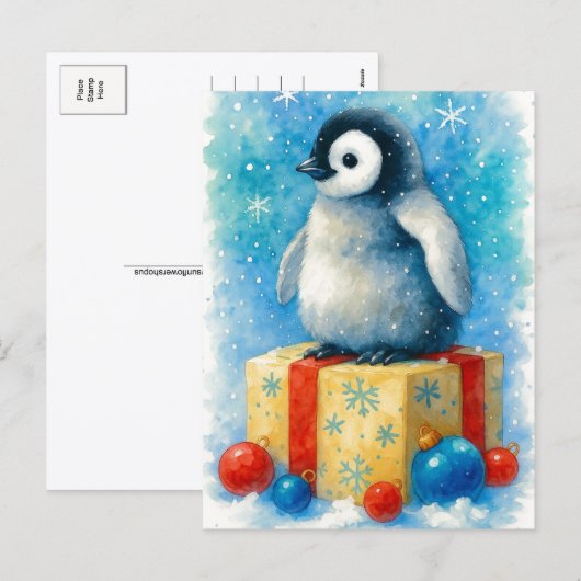 Cute Baby Penguin Christmas Watercolor Postcard Feestdagenkaart (Voorkant / Achterkant)