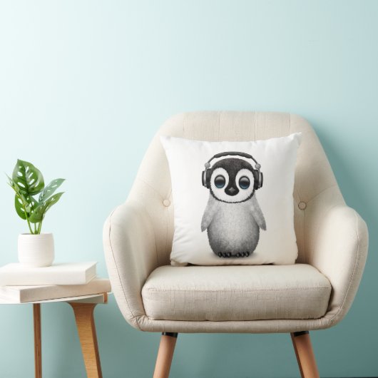  Cute Baby Penguin Dj met hoofdtelefoon Kussen (Stoel)