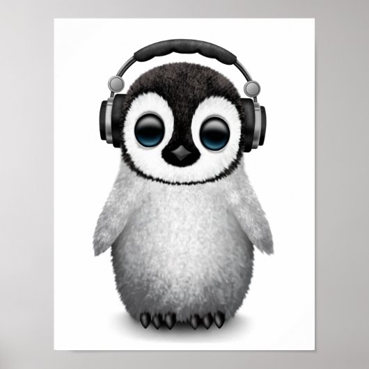  Cute Baby Penguin Dj met hoofdtelefoon Poster (Voorkant)
