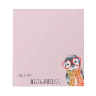 Cute Baby Penguin in Red Glasses Kinder Girly Pink Notitieblok