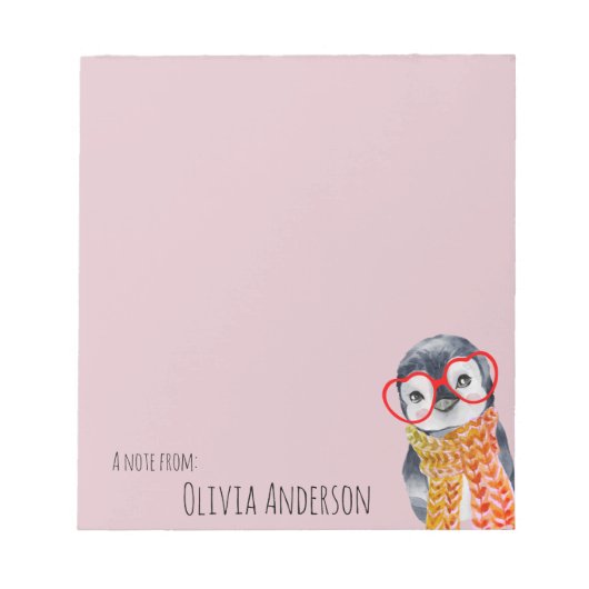 Cute Baby Penguin in Red Glasses Kinder Girly Pink Notitieblok (Voorkant)