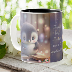 Cute Baby Penguin Reading Book Funny Quote Tweekleurige Koffiemok