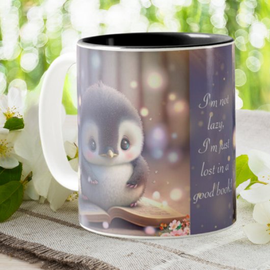 Cute Baby Penguin Reading Book Funny Quote Tweekleurige Koffiemok