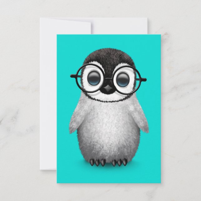 Cute Baby Penguin Wearing Eye Glasses on Blue (Voorkant)