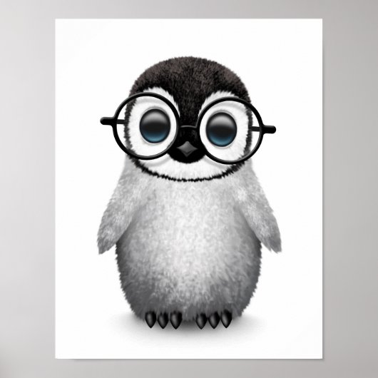 Cute Baby Penguin Wearing Eye Glasses on White Poster (Voorkant)