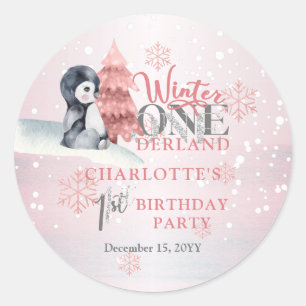 Cute Baby Penguin Winter ONEderland 1st Birthday Ronde Sticker