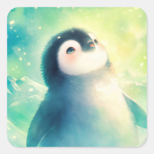 Cute Baby Pinguïn die naar de Aurora Borealis Luch Vierkante Sticker