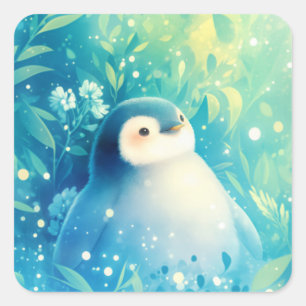 Cute Baby Pinguïn in Ethische Teal Tuin is not cor Vierkante Sticker
