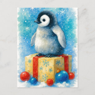 Cute Baby Pinguïn Kerst Waterverf Ansichtkaart Feestdagenkaart