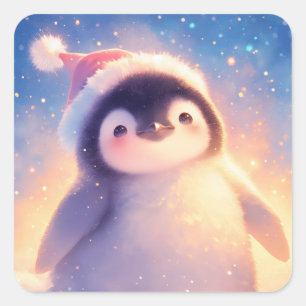 Cute Baby Pinguïn met Rode Kerstman Hoed Vierkante Sticker