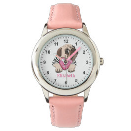 Cute Baby Pug met roze hart Donut Girl's First W Horloge
