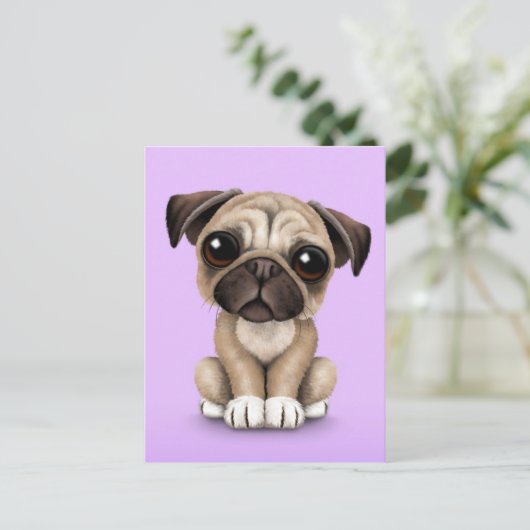 Cute Baby Pug Puppy Dog op Paars Briefkaart (Staand voorkant)