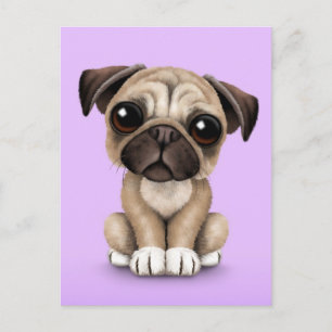 Cute Baby Pug Puppy Dog op Paars Briefkaart