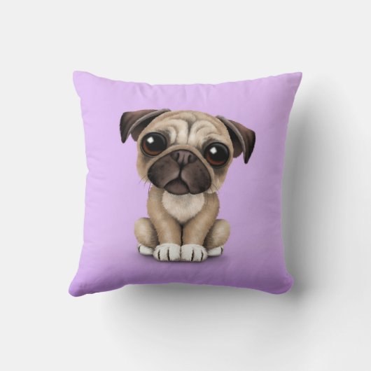Cute Baby Pug Puppy Dog op Paars Kussen (Achterkant)