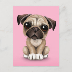 Cute Baby Pug Puppy Dog op Roze Briefkaart