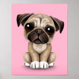 Cute Baby Pug Puppy Dog op Roze Poster