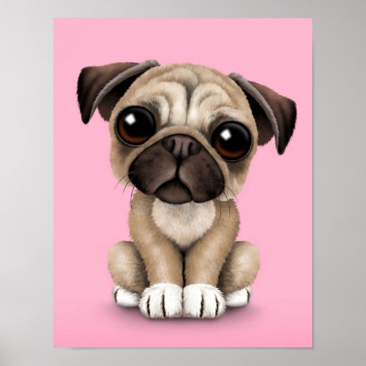 Cute Baby Pug Puppy Dog op Roze Poster (Voorkant)