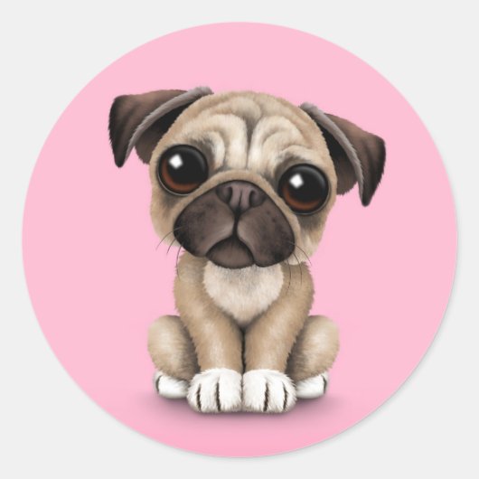 Cute Baby Pug Puppy Dog op Roze Ronde Sticker (Voorkant)