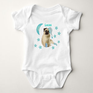 Cute Baby Pug Waterverf Soft Blue Stars Romper