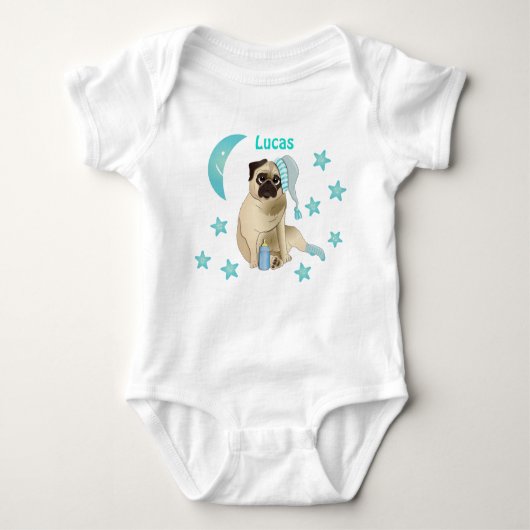 Cute Baby Pug Waterverf Soft Blue Stars Romper (Voorkant)