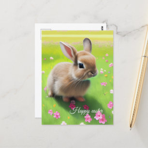 Cute baby rabbit in een bloemwei briefkaart