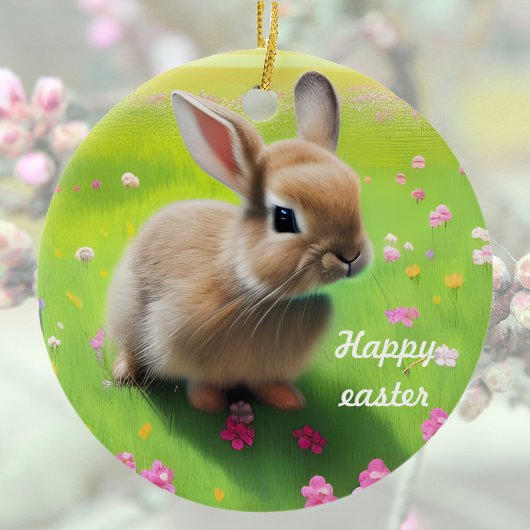 Cute baby rabbit in een bloemwei keramisch ornament