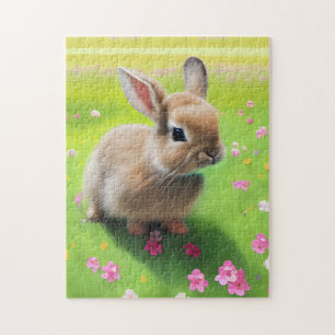 Cute baby rabbit in een bloemwei legpuzzel