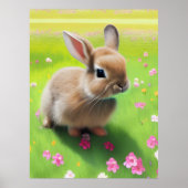 Cute baby rabbit in een bloemwei poster (Voorkant)