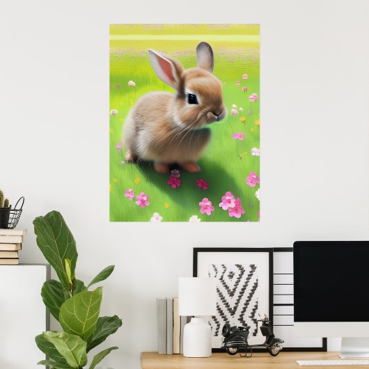 Cute baby rabbit in een bloemwei poster (Thuiskantoor)