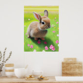 Cute baby rabbit in een bloemwei poster (Keuken)