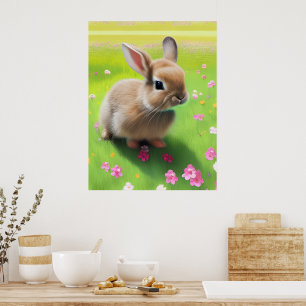 Cute baby rabbit in een bloemwei poster