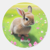 Cute baby rabbit in een bloemwei ronde sticker (Voorkant)