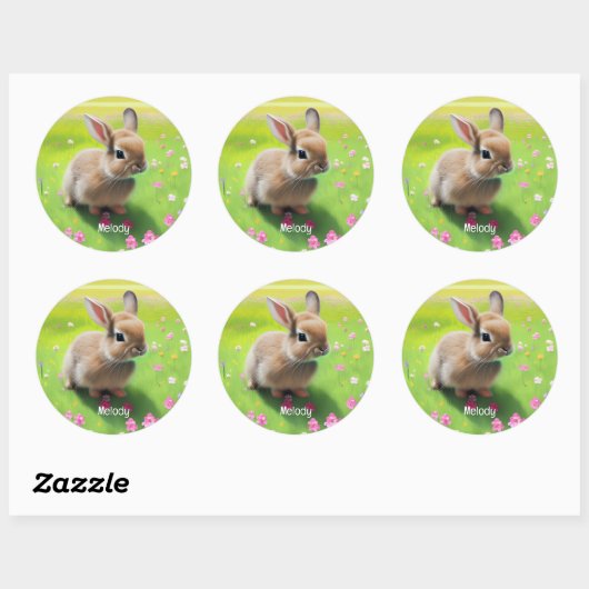 Cute baby rabbit in een bloemwei ronde sticker (Vel)