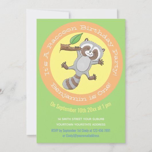 Cute baby raccoon cartoon illustratie 1 jaar kaart (Voorkant)