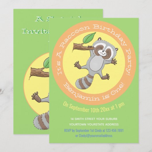 Cute baby raccoon cartoon illustratie 1 jaar kaart (Voorkant / Achterkant)