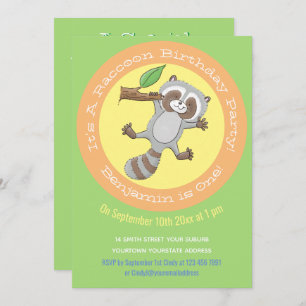 Cute baby raccoon cartoon illustratie 1 jaar kaart