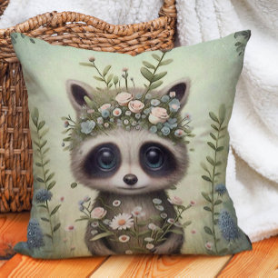 Cute Baby Raccoon Flowers Painting Kussen