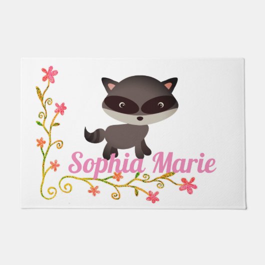 Cute Baby Raccoon met bloemen Deurmat (Voorkant)
