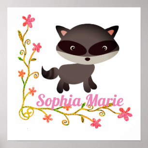 Cute Baby Raccoon met bloemen Poster
