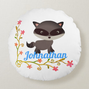 Cute Baby Raccoon met bloemen Rond Kussen