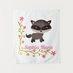 Cute Baby Raccoon met bloemen Wandkleed