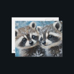 Cute Baby Raccoons Winter Snow Briefkaart<br><div class="desc">Two adorable baby raccoons in the snow painting AI generated art</div>